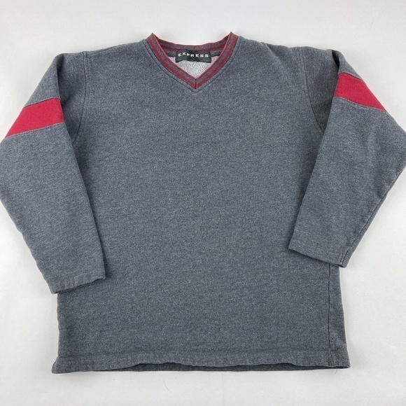 Express Sweatshirt Womens Medium 12/14 Gray Red Long Sleeve Vneck - Picture 1 of 9